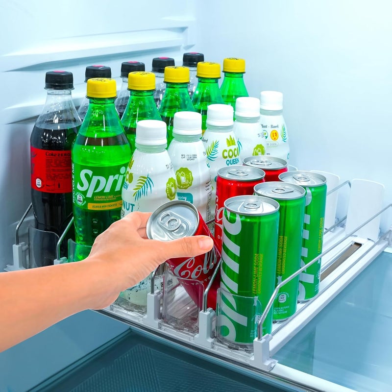 SIP SORT Upgraded Premium Drink Organizer for Fridge. Ultra Space Saving Drink Dispenser for Refrigerator with Larger Stopper Height and Automatic Pusher with Locking Feature. Holds 25 Cans (5 Rows, White) - Image 1
